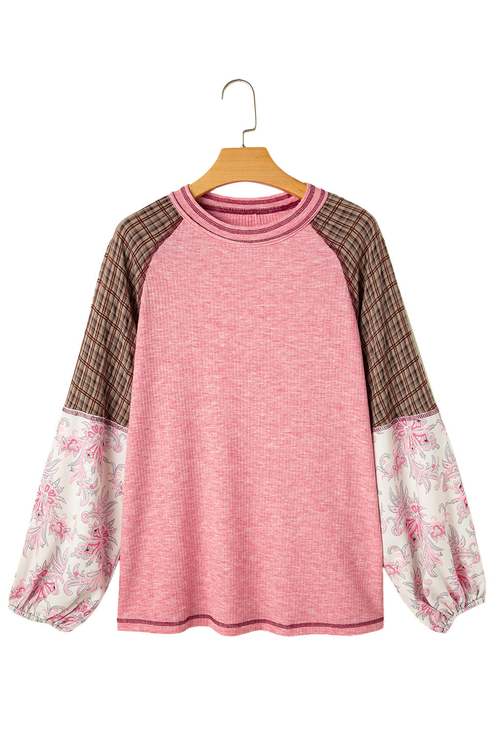 Top de canalé raglán con retazos de estampado mixto a cuadros florales Jet Stream