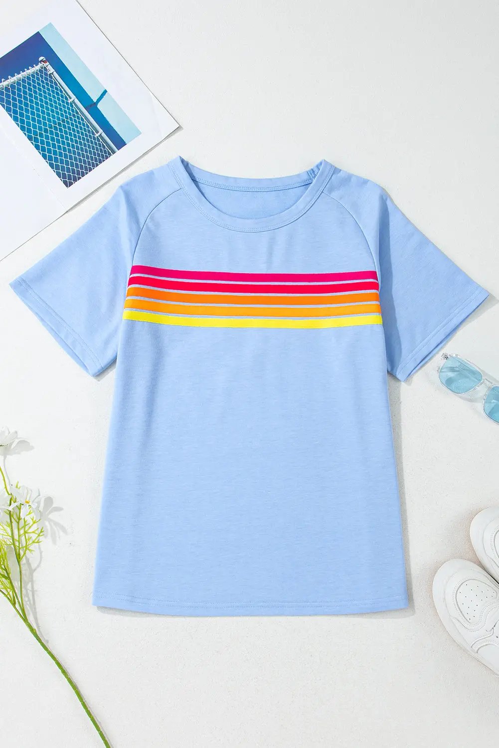 Women's Striped Top Women's Top - Striped Blue Patch Detail - Everyday Casual