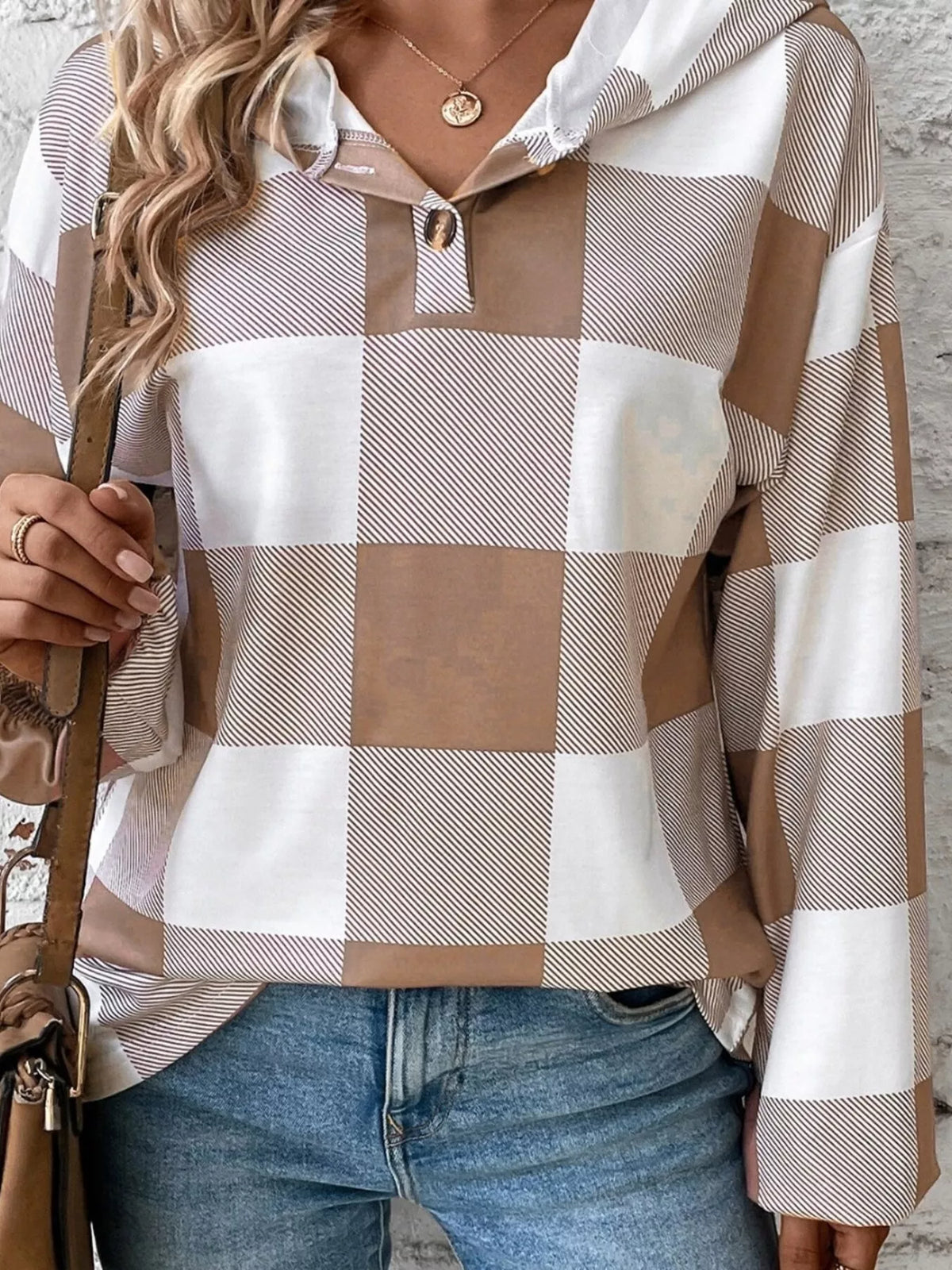 Casual Plaid Button Detail Hoodie