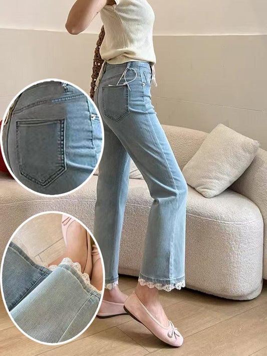 Vaqueros elásticos de encaje con micro-campana azul claro para mujer