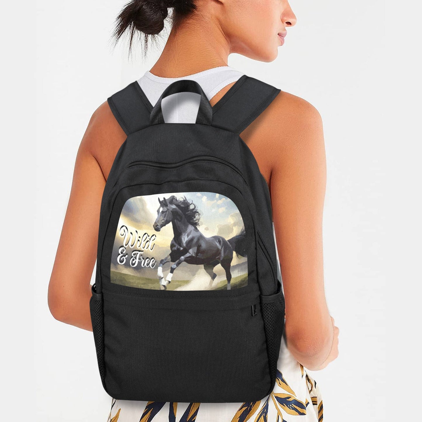 Wild & Free Black Horse Casual Backpack | Upper Part Printing