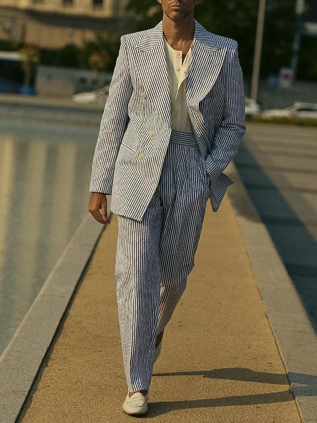 Men's Blue And White Striped Suit Set
