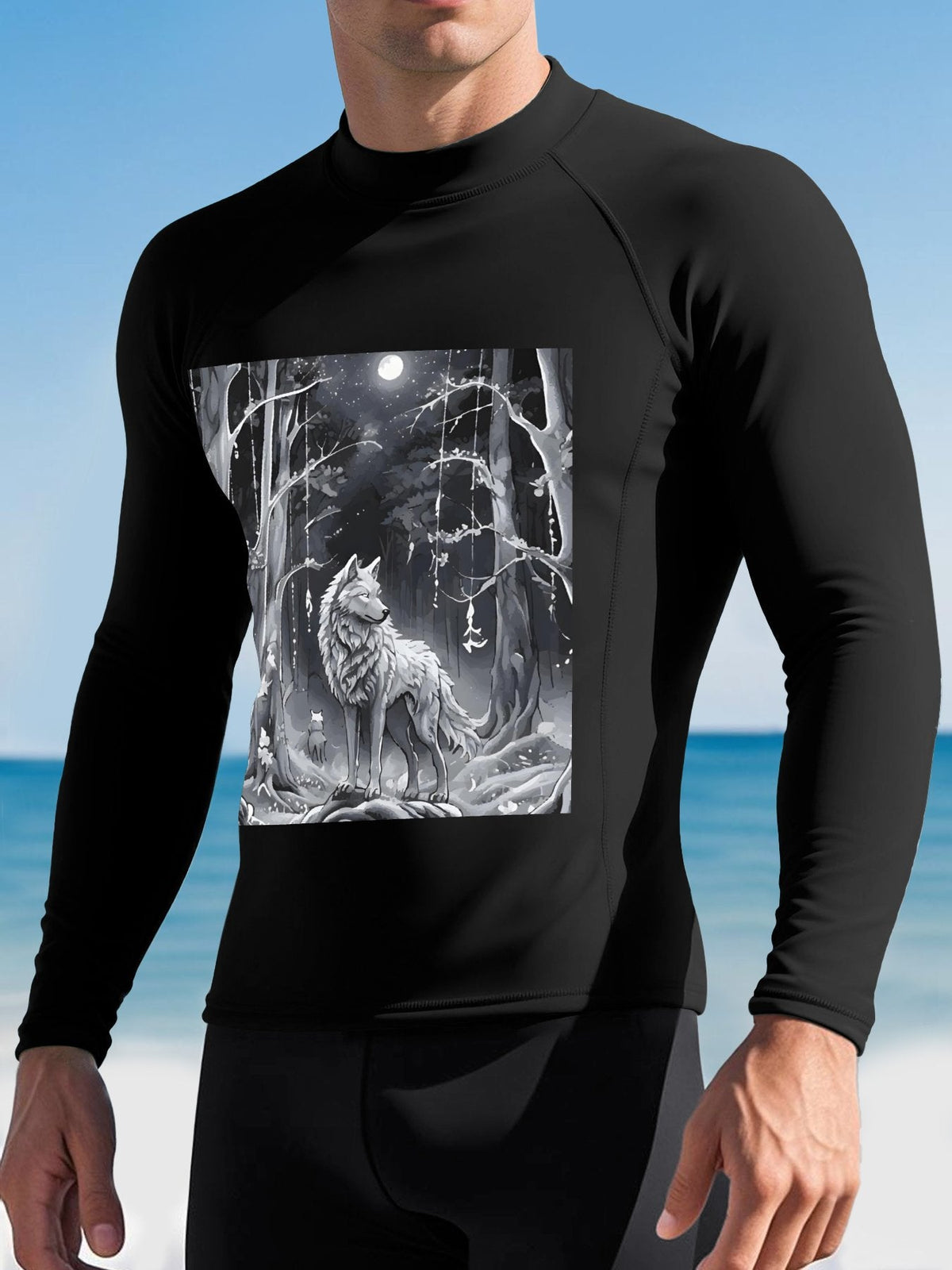 Ethereal Wolf in the Moonlight Men's Long-Sleeve Surfing Top (Front Printing)