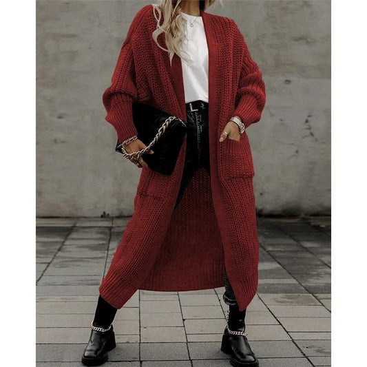 Cárdigan largo de punto de talla grande para mujer con bolsillo