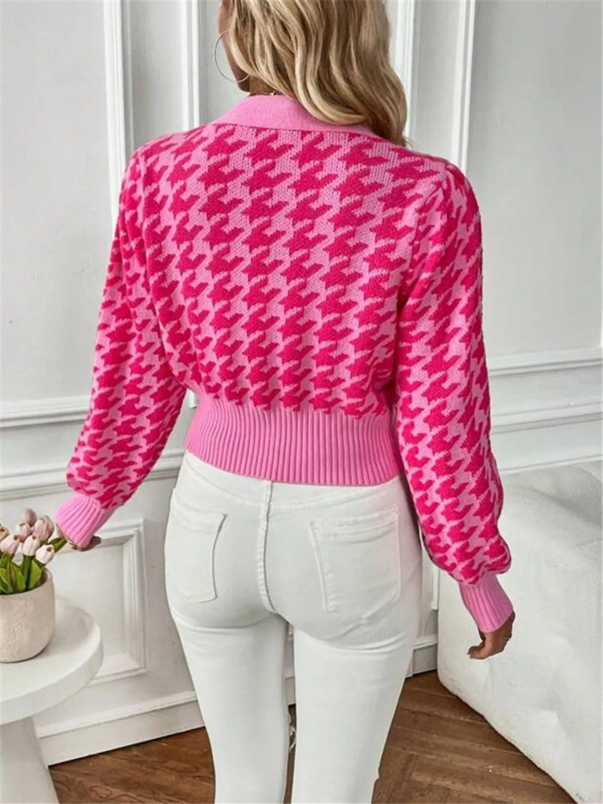 Houndstooth V-Neck Button Up Cardigan