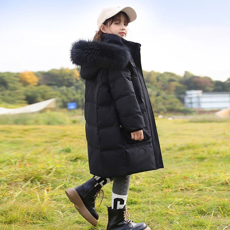 Girl Mid-length Winter Clothing Western Style Down Big Fur Collar Cotton Coat Jacket