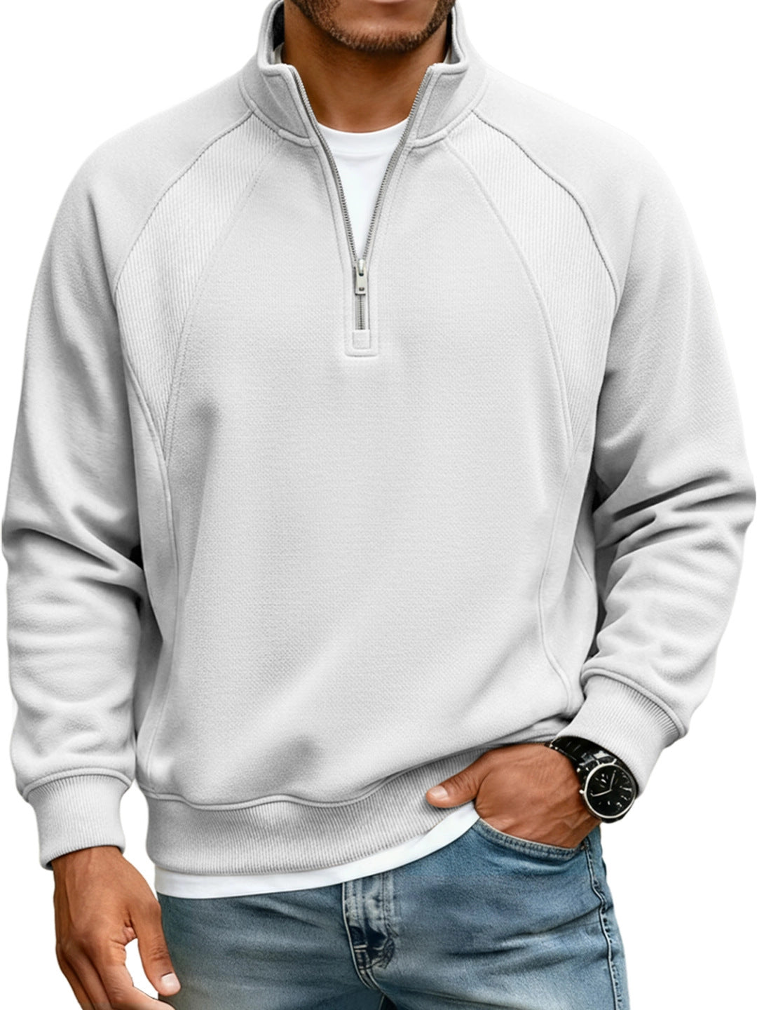 Amazon New Men's Jacket Half-Zip Stand-Up Collar Sweatshirt Men's T-Shirt Long-Sleeved Solid Color Splicing Loose Fit