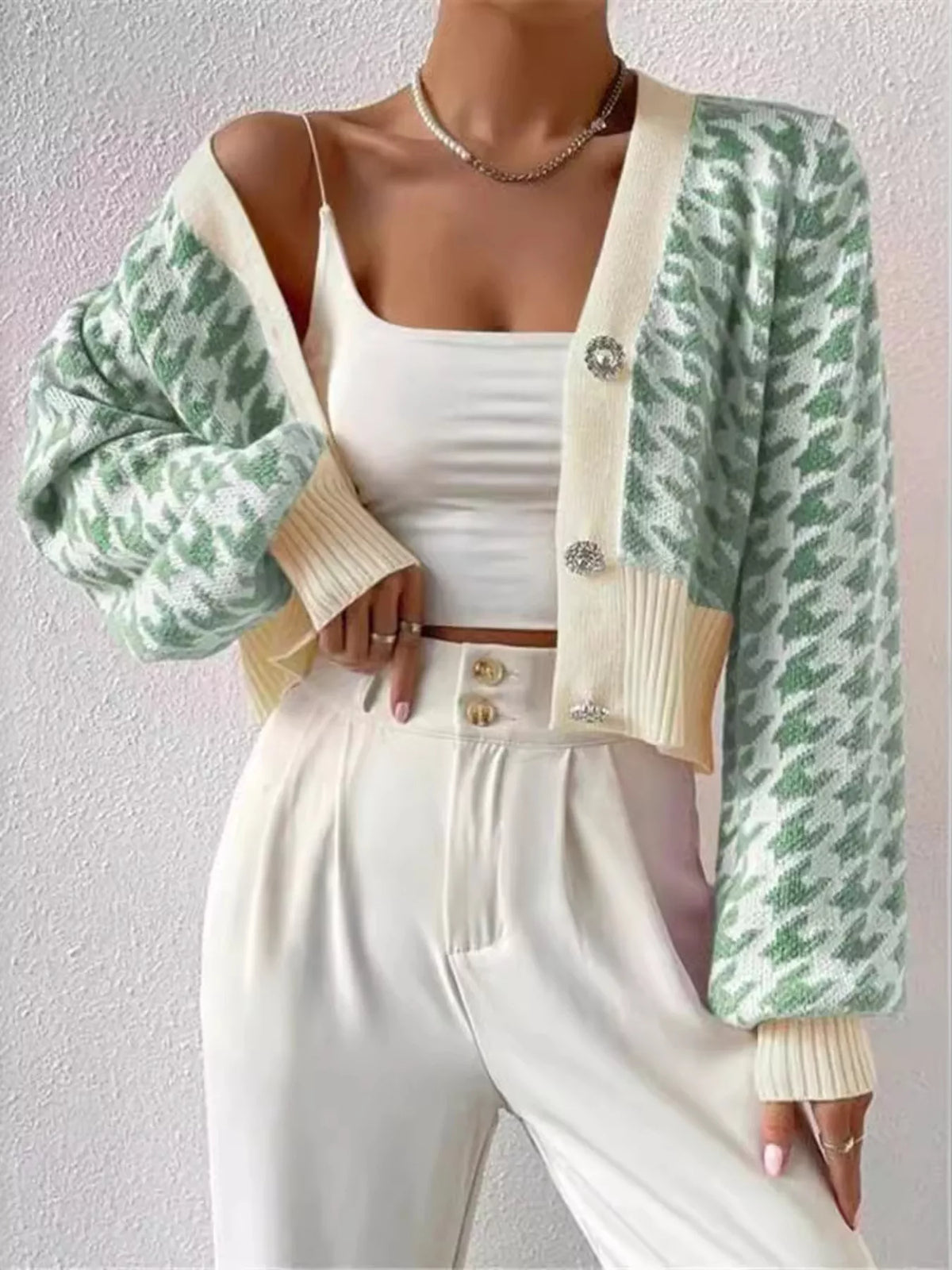 Houndstooth V-Neck Button Up Cardigan