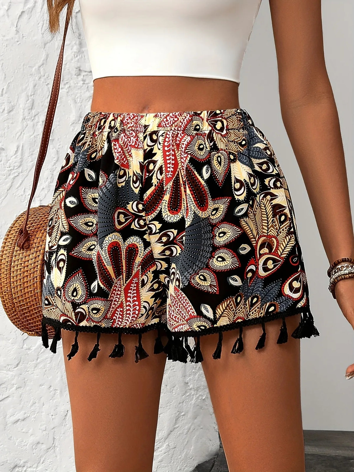 Paisley Print Tassel Hem Shorts