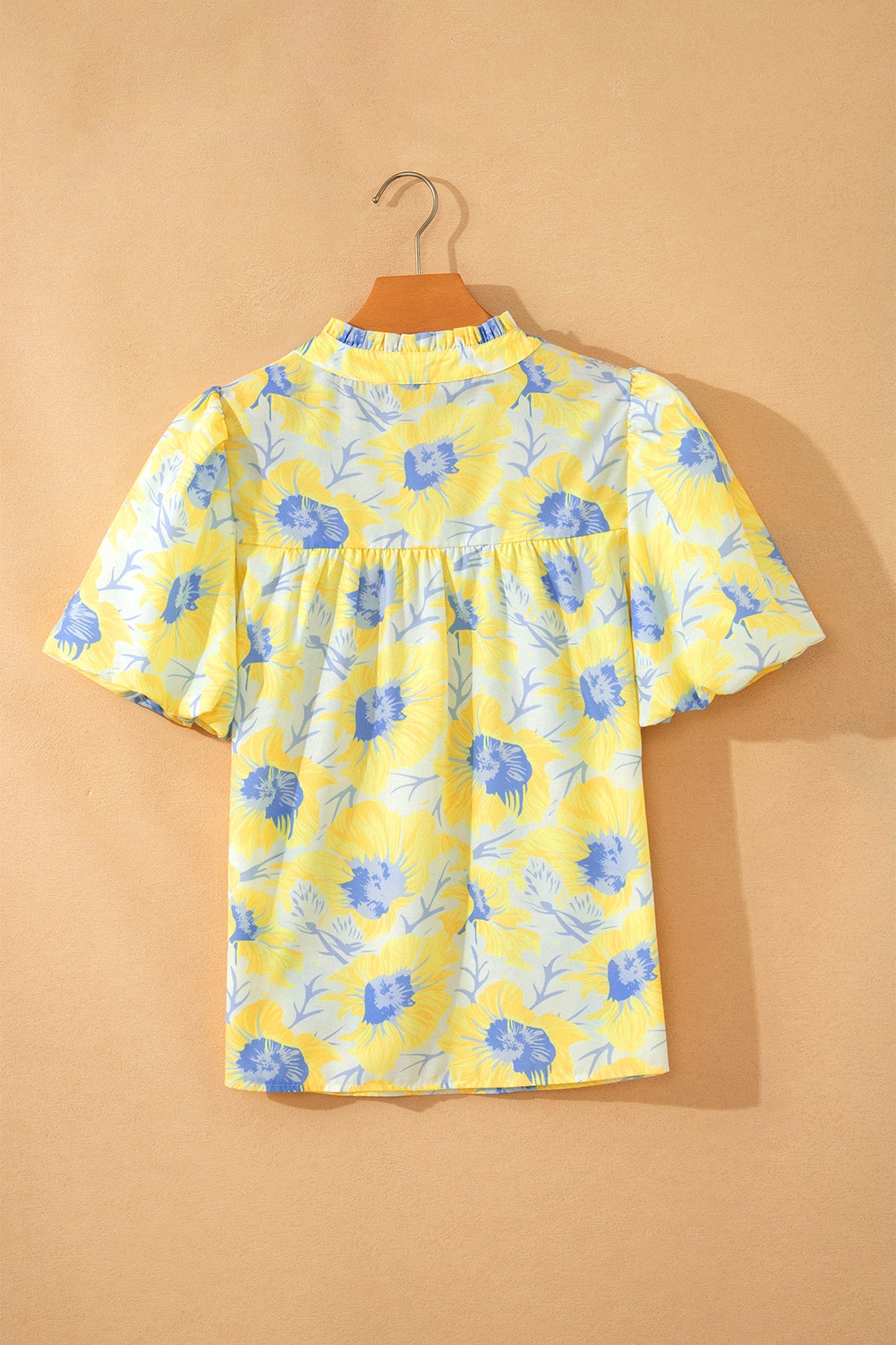 Yellow Short Bubble Sleeve Summer Floral Blouse