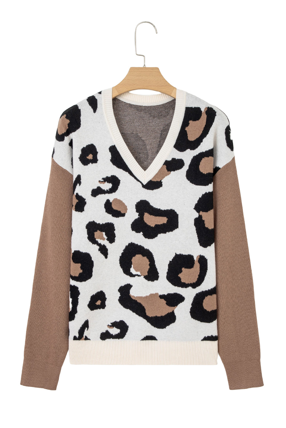 Suéter Jet Stream de punto con estampado de leopardo, bloques de color y mangas patchwork con cuello de pico
