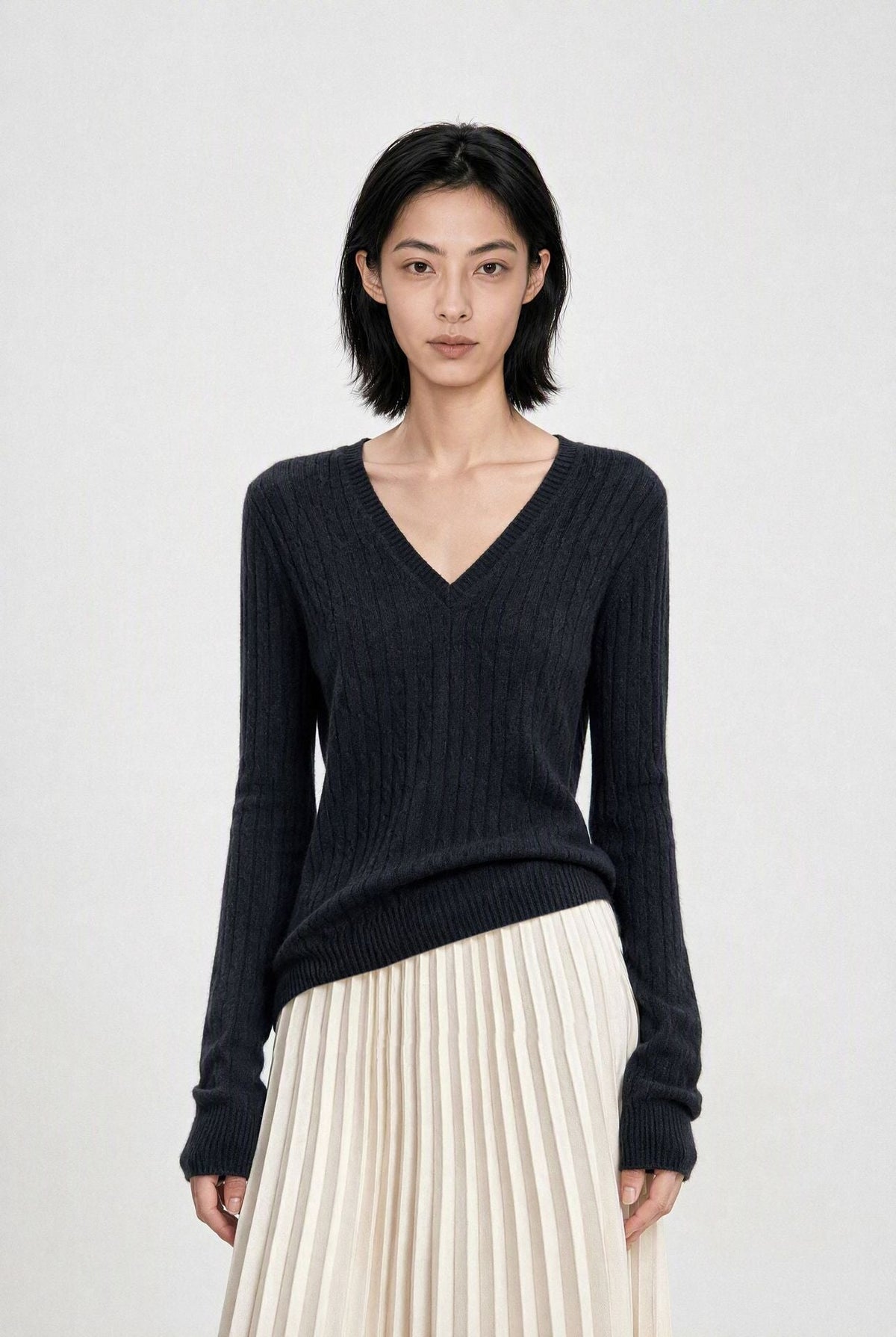 Ribbed V-Neck Ultrafine Merino Wool & Cashmere-Silk Blend Knit Sweater
