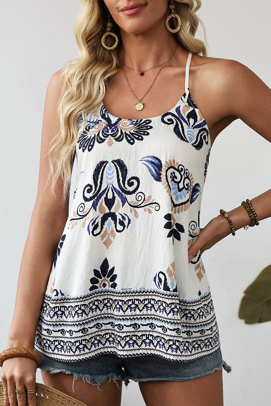 Camiseta sin mangas suelta con tirantes finos y estampado bohemio azul