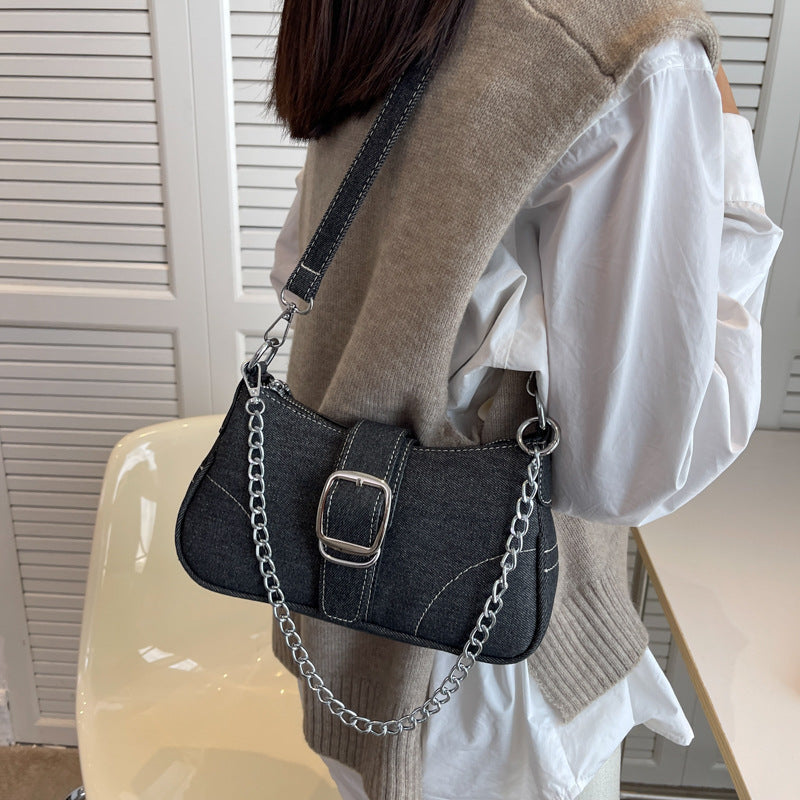 Women's Denim Crossbody Bag with Chain Detail