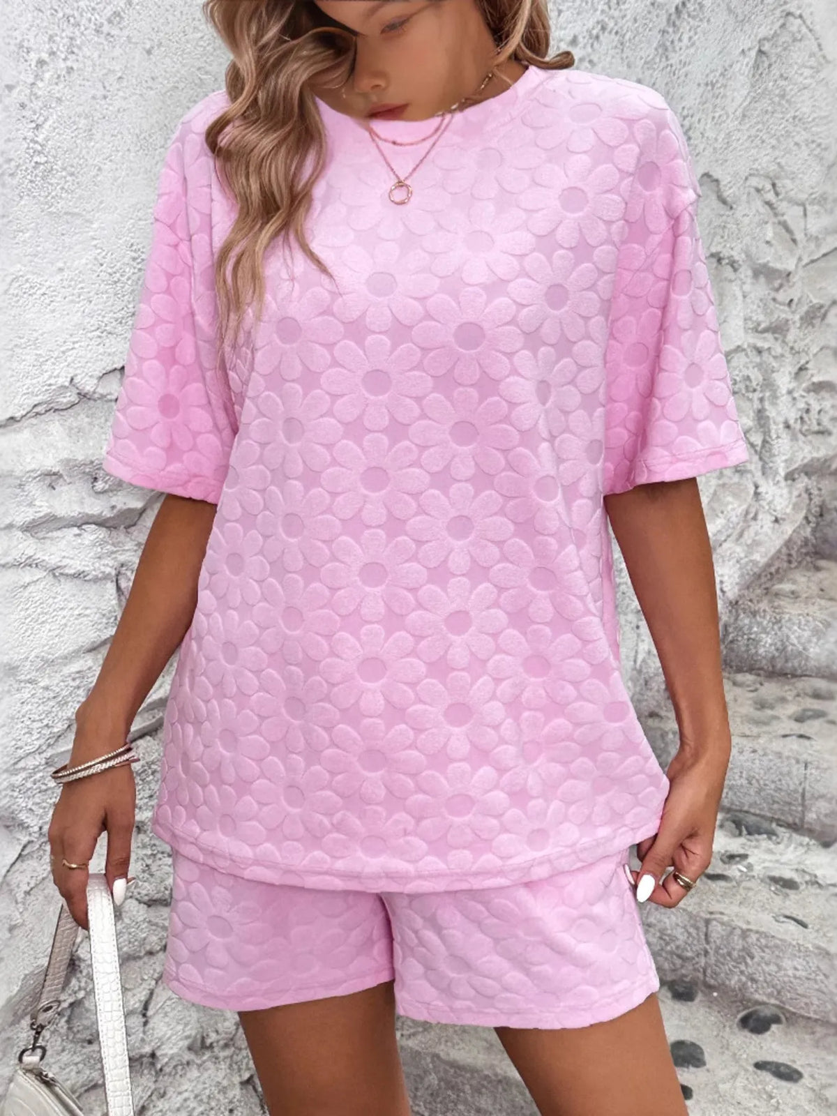 Flower Round Neck Top and Shorts Lounge Set
