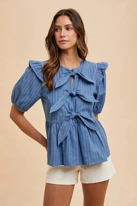 Women's Blouse Peplum Blouse - Stripe Front Bow - Denim Style