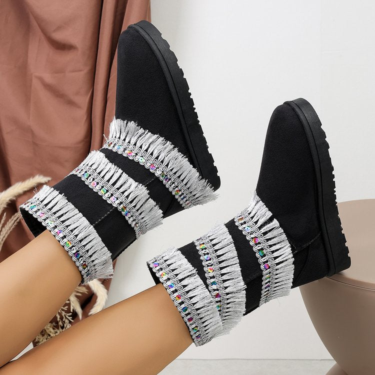 Women's Tassel Beaded Platform Short Shaft Boots, 2026 New Autumn Winter Premium Comfortable Versatile Snow Boots
