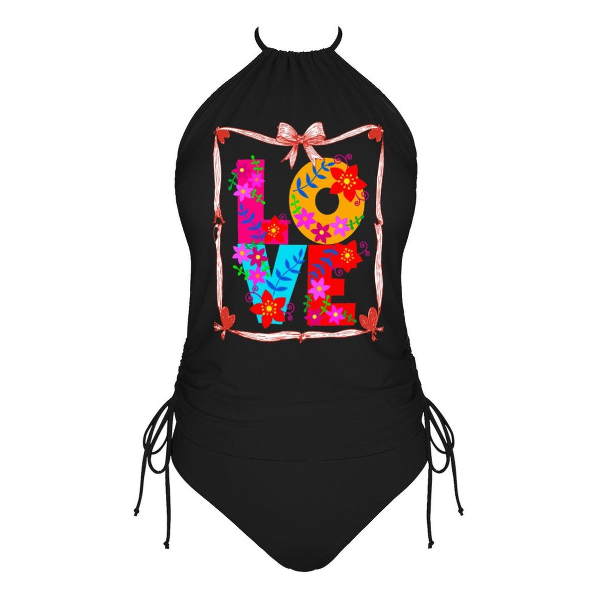 Floral LOVE Halter High Neck 2-Piece Swimsuit Set for Women (Front Printing)