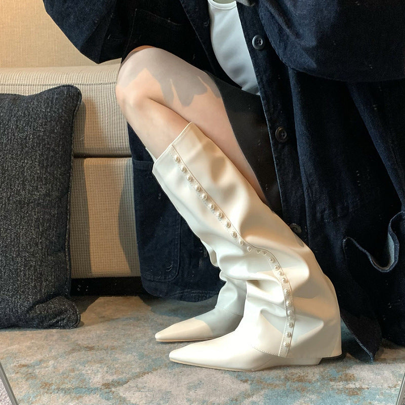 Pointed-toe Wedge High-top Thigh-high Boots