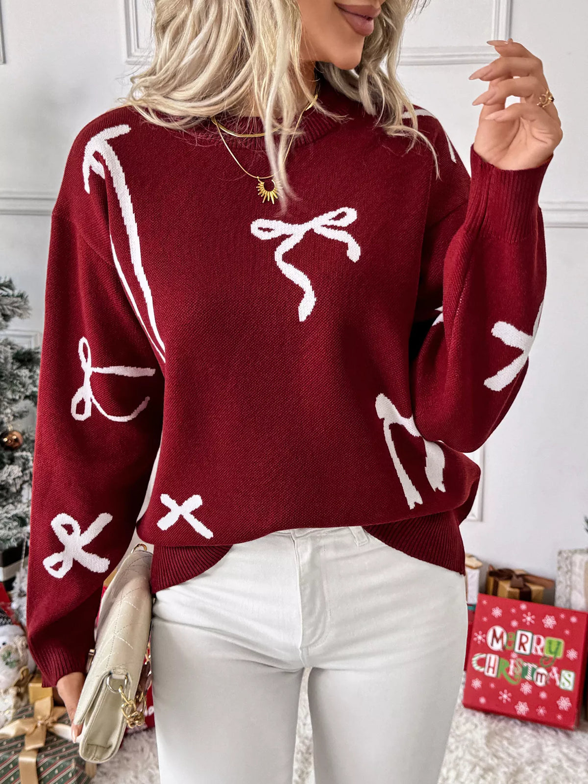 Bow Round Neck Long Sleeve Sweater