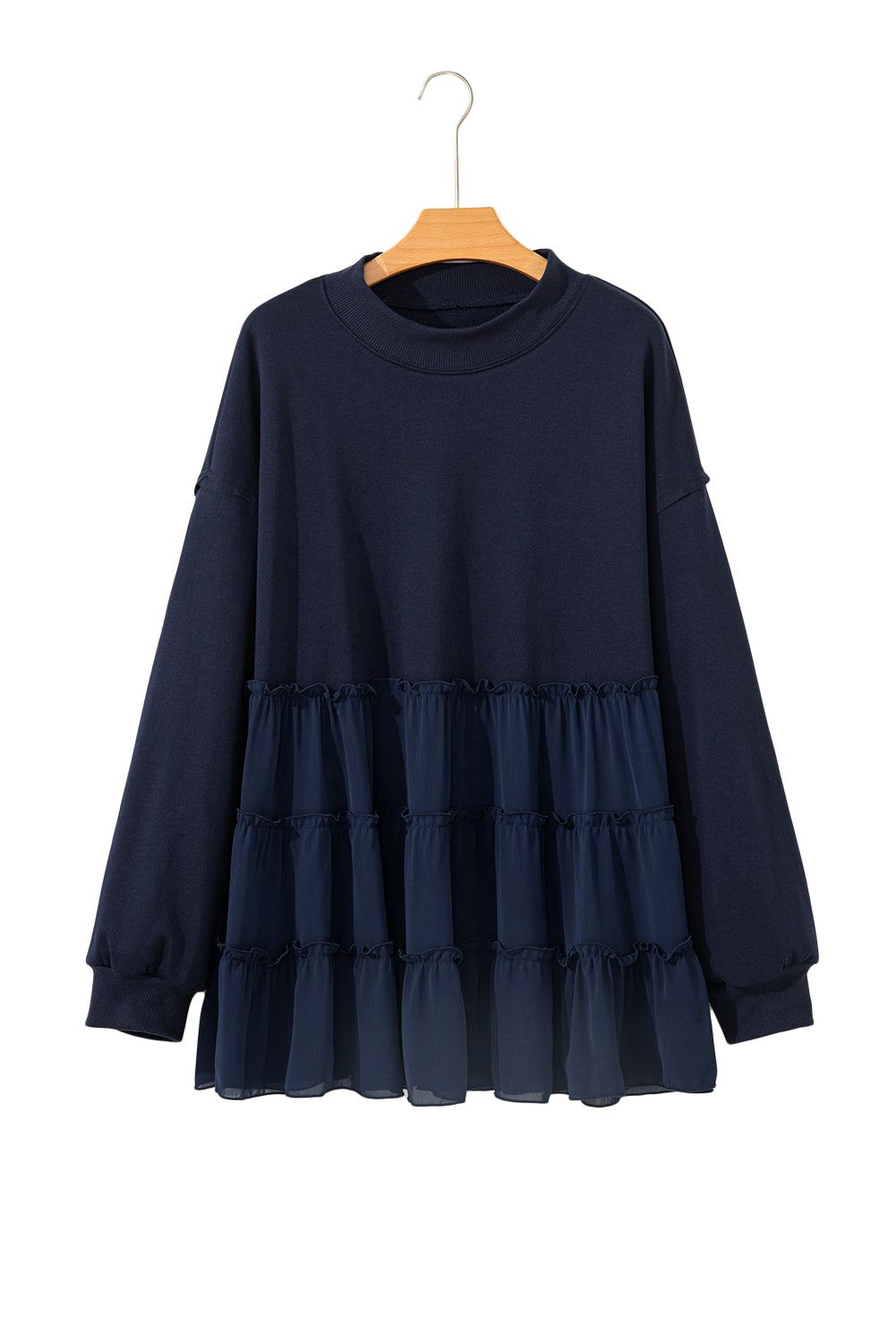 Top de talla grande azul marino con cuello redondo acanalado y volantes escalonados