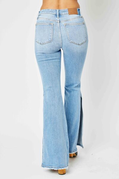 Judy Blue Full Size Mid Rise Raw Hem Slit Flare Jeans up to 24W