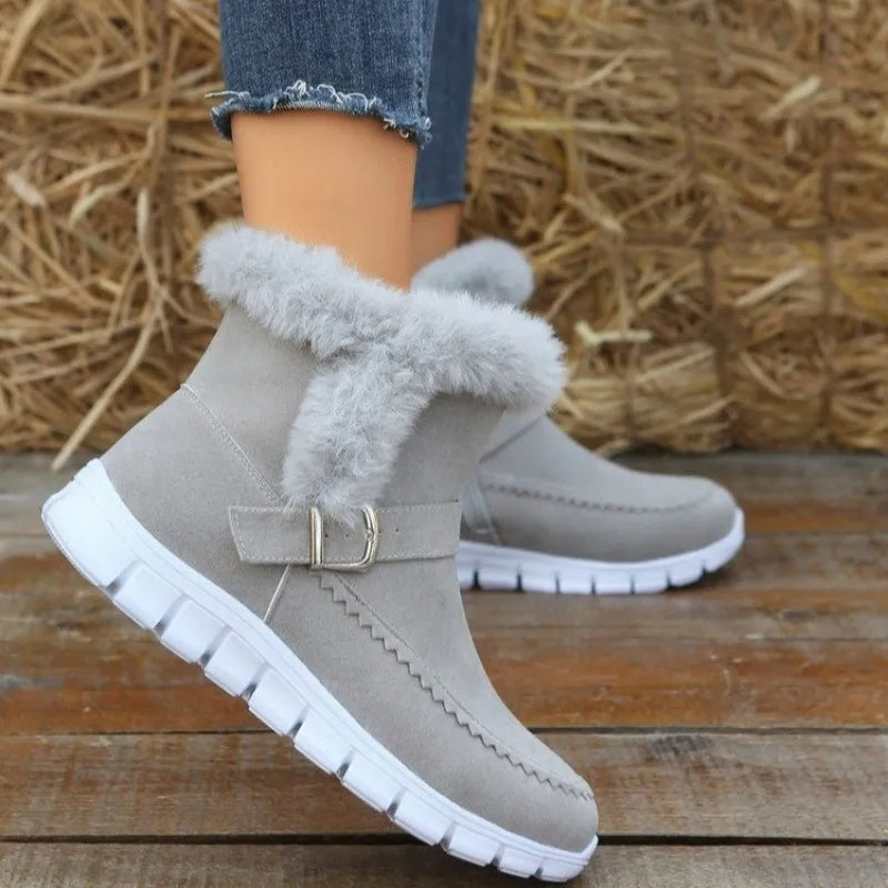 Botas de Nieve Nuevas Botines Gruesos Cálidos de Invierno de Color Sólido con Peluche y Diseño de Hebilla Zapatos Planos de Terciopelo para Mujer
