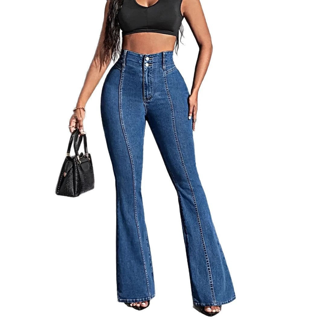 Front And Rear Stitching High Slimming Elastic Mid-waist Flared Jeans