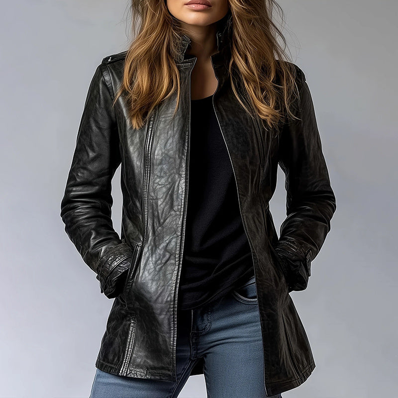 Chaqueta de PU estilo vintage - Abrigo de cuero tipo cárdigan abierto de largo medio con bolsillos