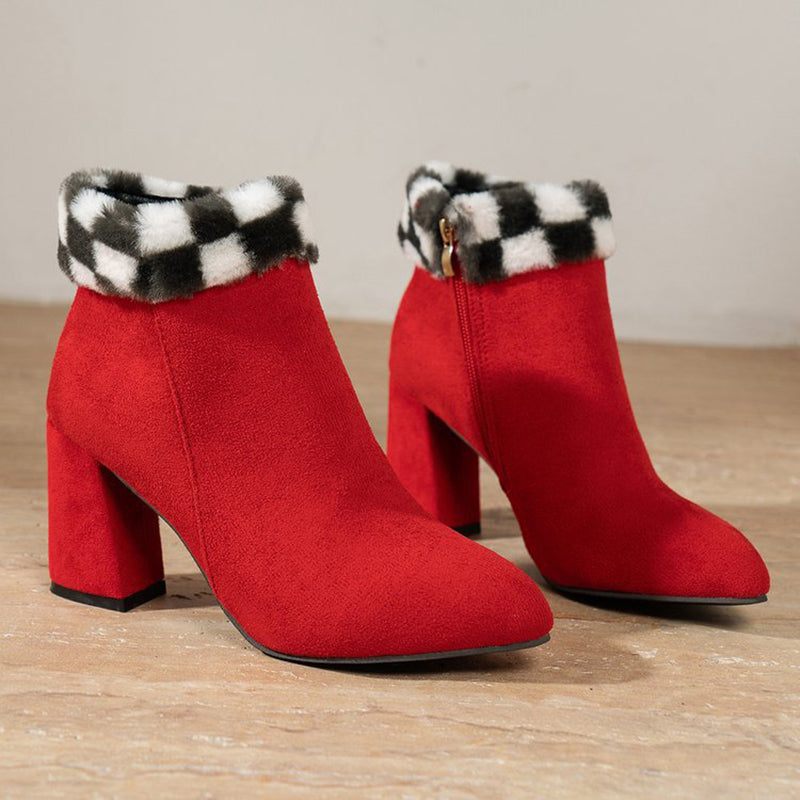 Women's Plaid Print Plush Ankle Boots