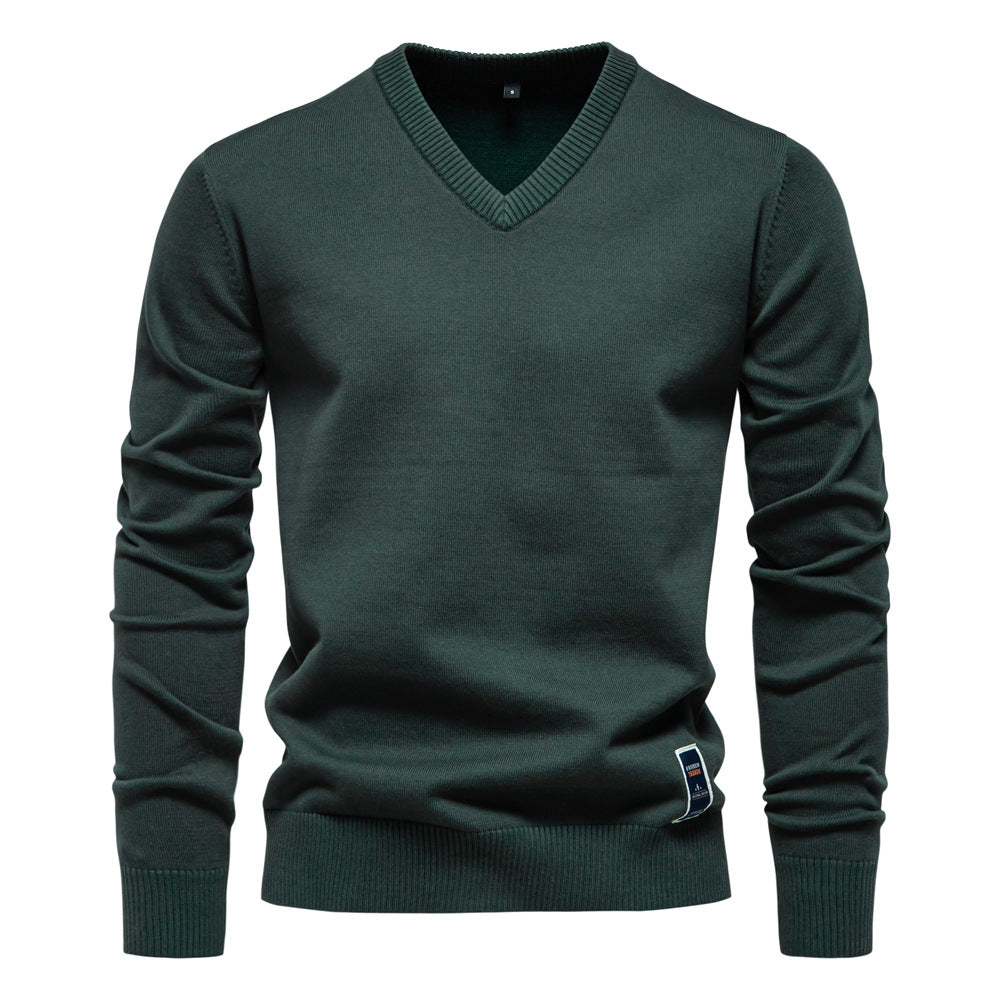 Autumn And Winter New Cotton Cross-border Trade Solid Color Sweater V-Neck Trendy Men's Sweater Men's Sweater