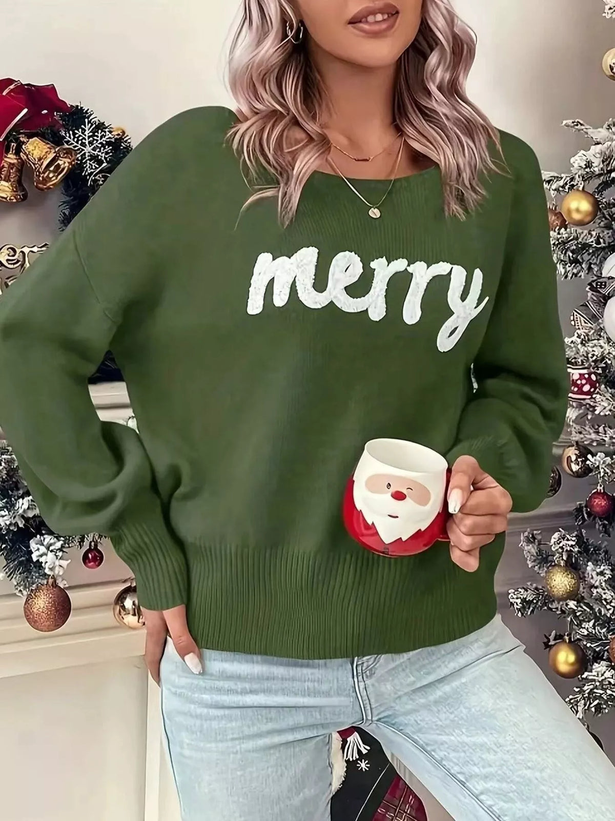 Merry Round Neck Dropped Shoulder Christmas Sweater