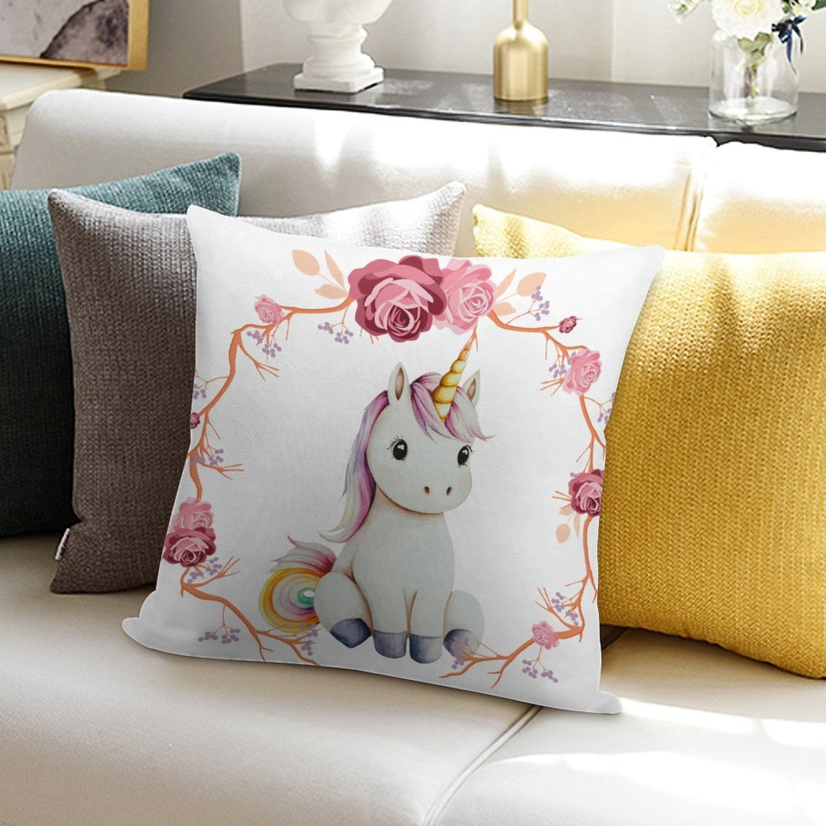 Baby Unicorn with Pink Roses 2-Piece Ultra-Soft Pillowcase Set - 18" × 18"