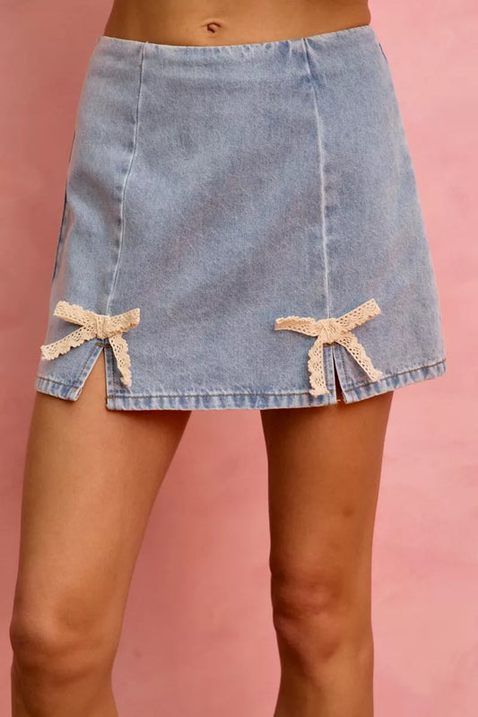 SO ME Lace Ribbon Trim Denim Mini Skirt