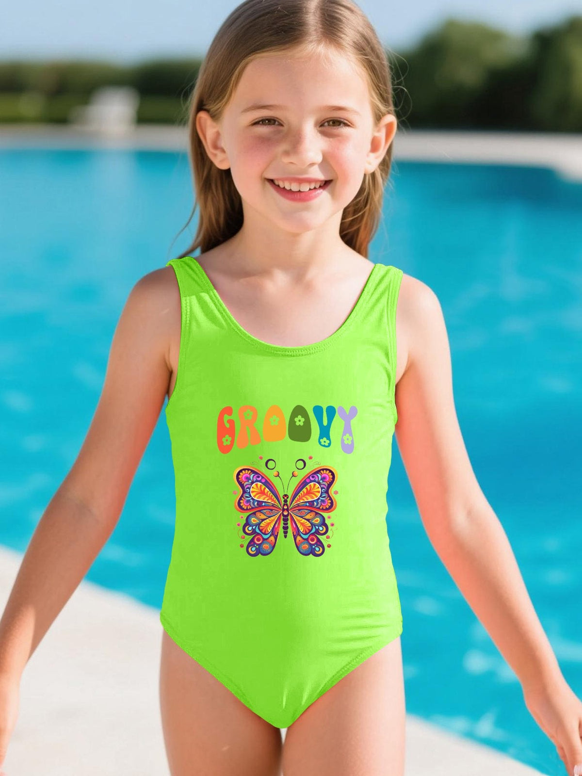 Groovy Butterfly Girls' Summer One-Piece Swimsuit (Front Printing)