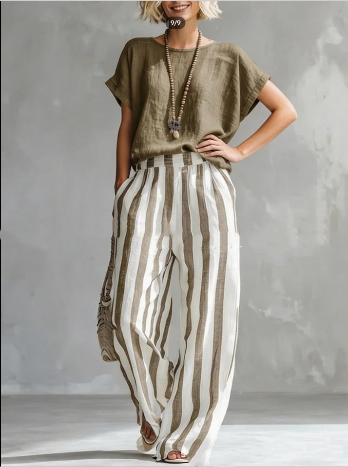 Short-sleeved Trousers Suit Summer Fashion Round Neck Pullover T-Shirt And Striped Print Straight Leg Pants Two-Piece Clothing For Women