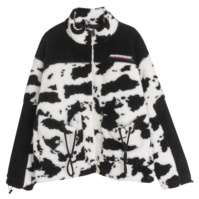 Oversized Cow Print Plush Cotton Jacket for All