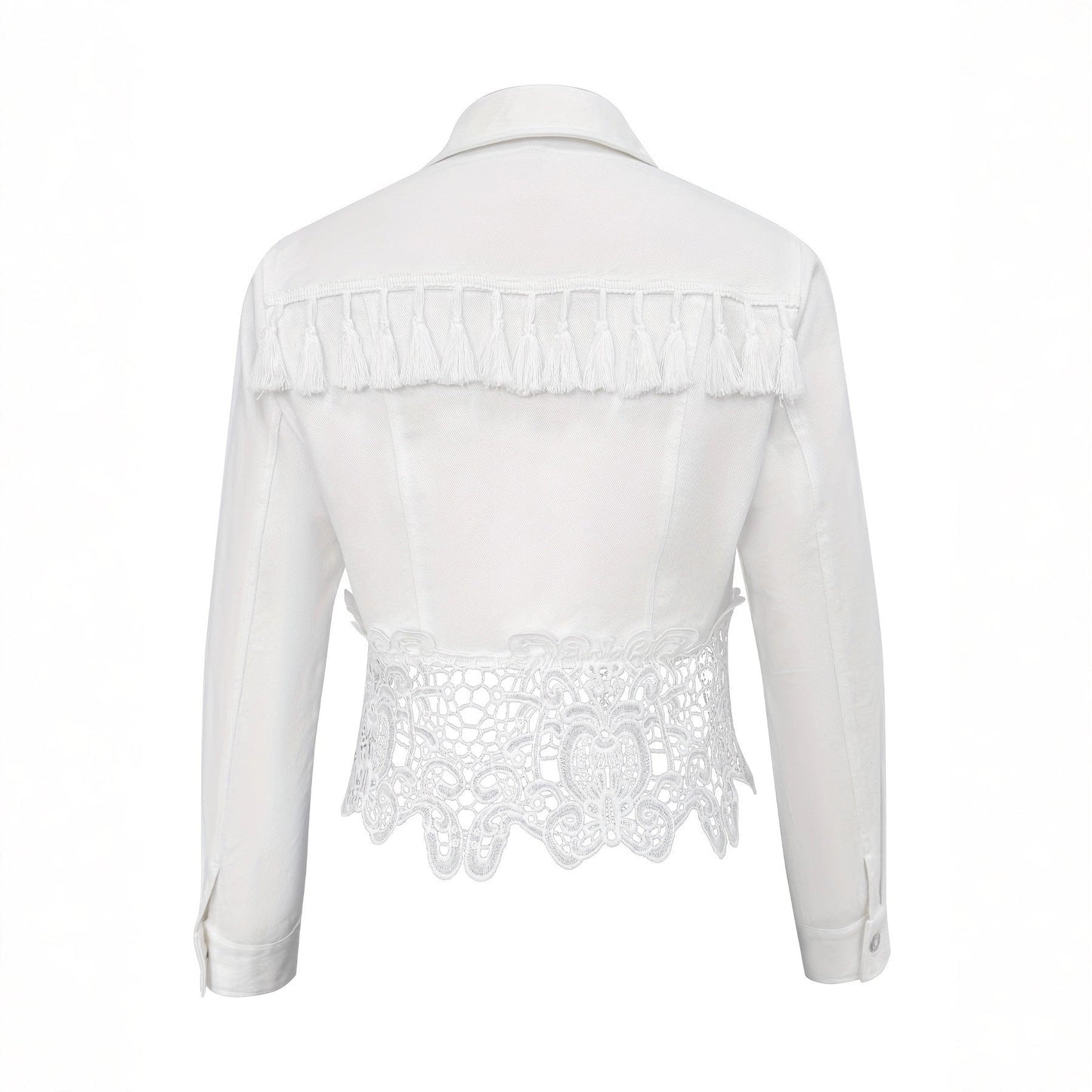 Womens Lapel Hem Hollow-Out Patchwork Tassel Coat