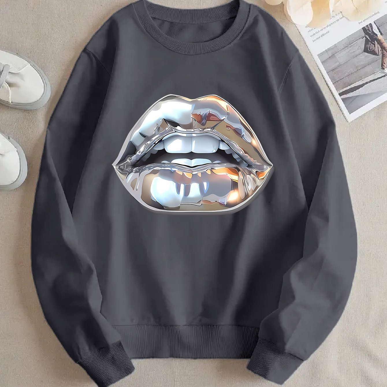 Womens Cartoon Silver Lip-Printed Sweatshirt See size chart under “more details”