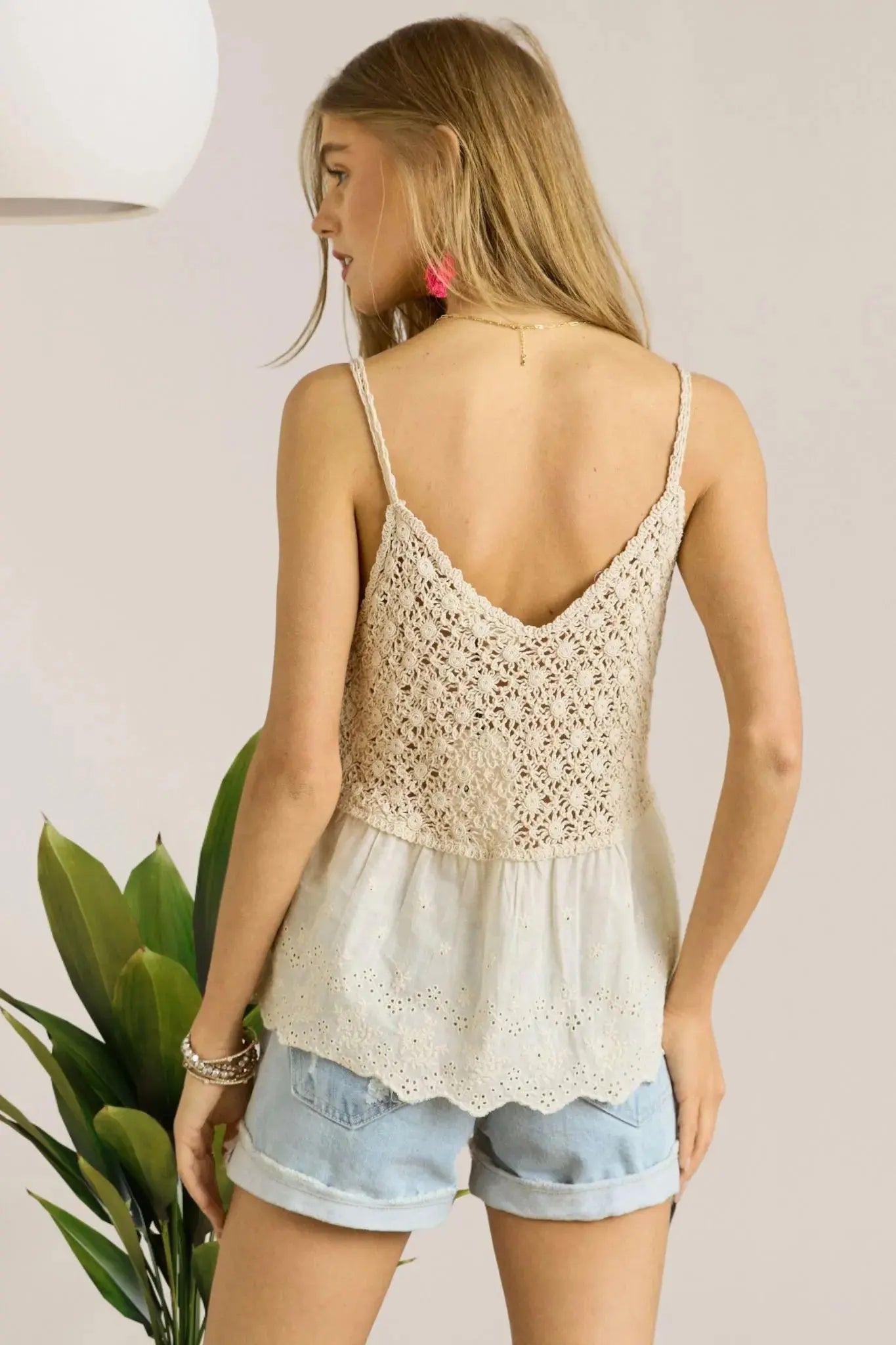 Crochet Tank Top Crochet V-Neck Tank Top - Beige