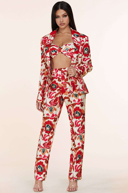 Conjunto de pantalón y top bandeau estampado floral de 3 piezas Fasheabe