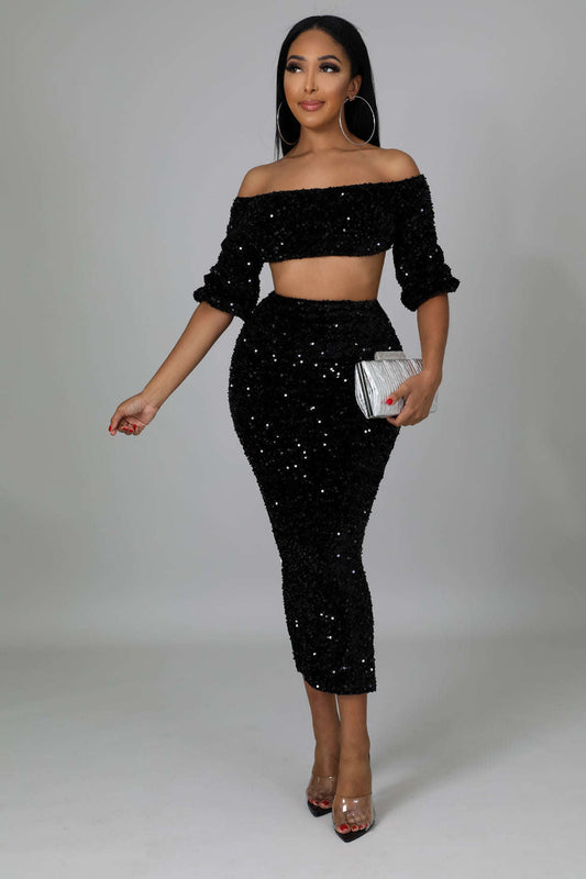 Fasheabe Conjunto de Falda Midi de Cintura Alta y Top Corto a Juego con Lentejuelas - Negro