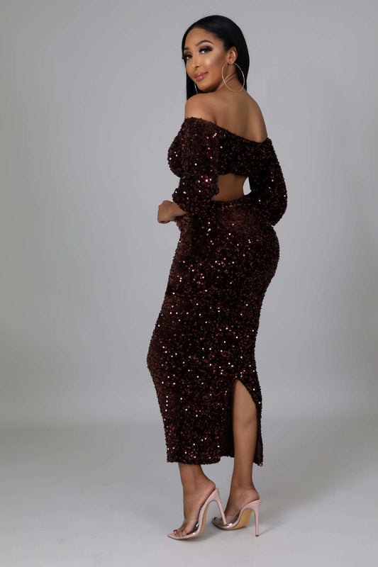 Conjunto de Falda Midi de Talle Alto y Top Corto a Juego con Lentejuelas Fasheabe - Marrón