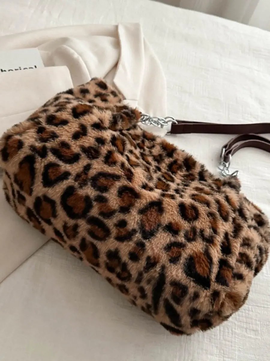 Accessories Trendsi Leopard Print Faux Fur Shoulder Bag Women's Trendy Purse Soft, Lightweight