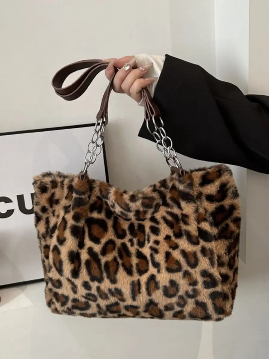 Accessories Trendsi Leopard Print Faux Fur Shoulder Bag Women's Trendy Purse Soft, Lightweight