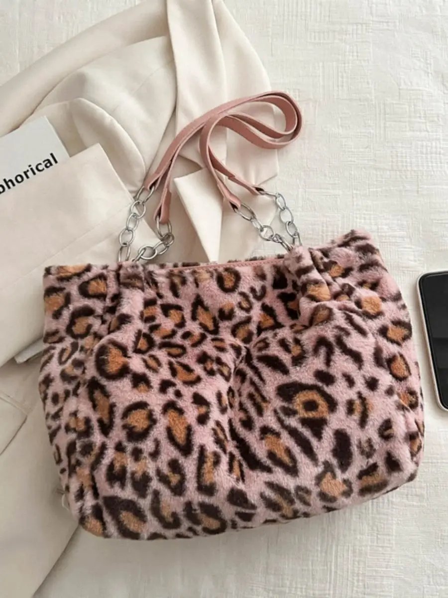 Accessories Trendsi Leopard Print Faux Fur Shoulder Bag Women's Trendy Purse Soft, Lightweight
