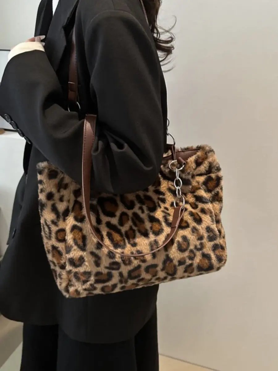 Accessories Trendsi Leopard Print Faux Fur Shoulder Bag Women's Trendy Purse Soft, Lightweight