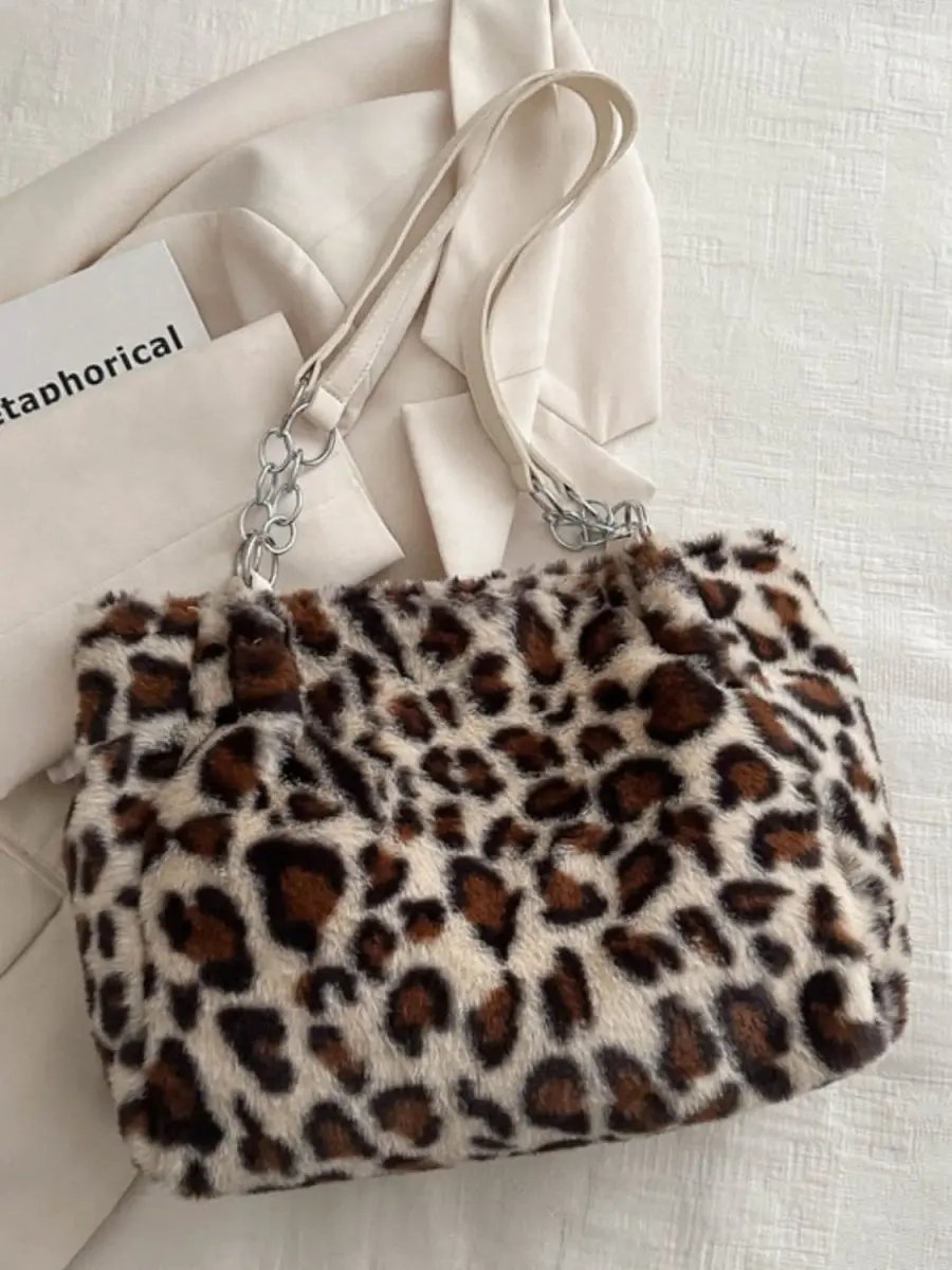 Accessories Trendsi Leopard Print Faux Fur Shoulder Bag Women's Trendy Purse Soft, Lightweight