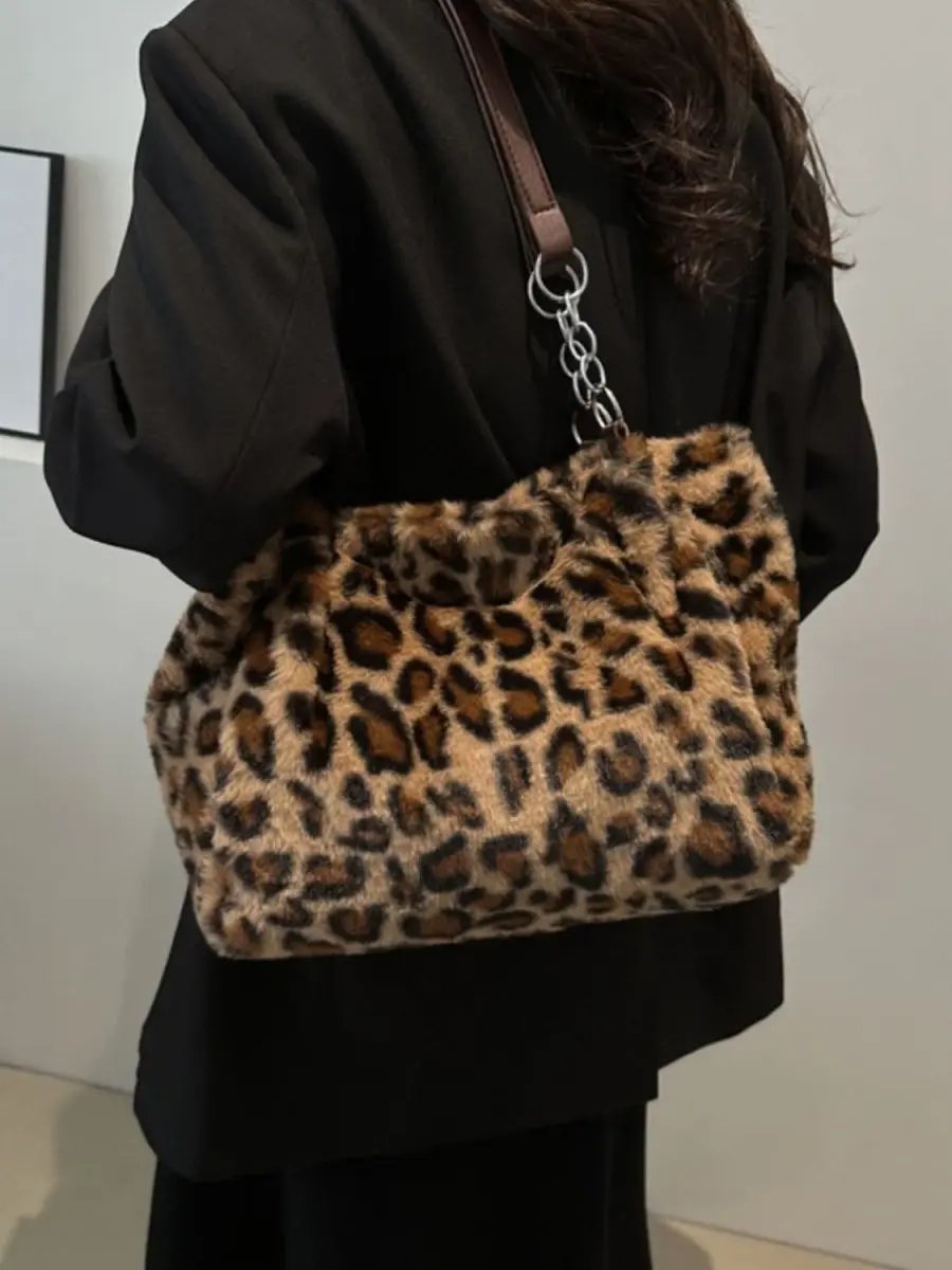 Accessories Trendsi Leopard Print Faux Fur Shoulder Bag Women's Trendy Purse Soft, Lightweight