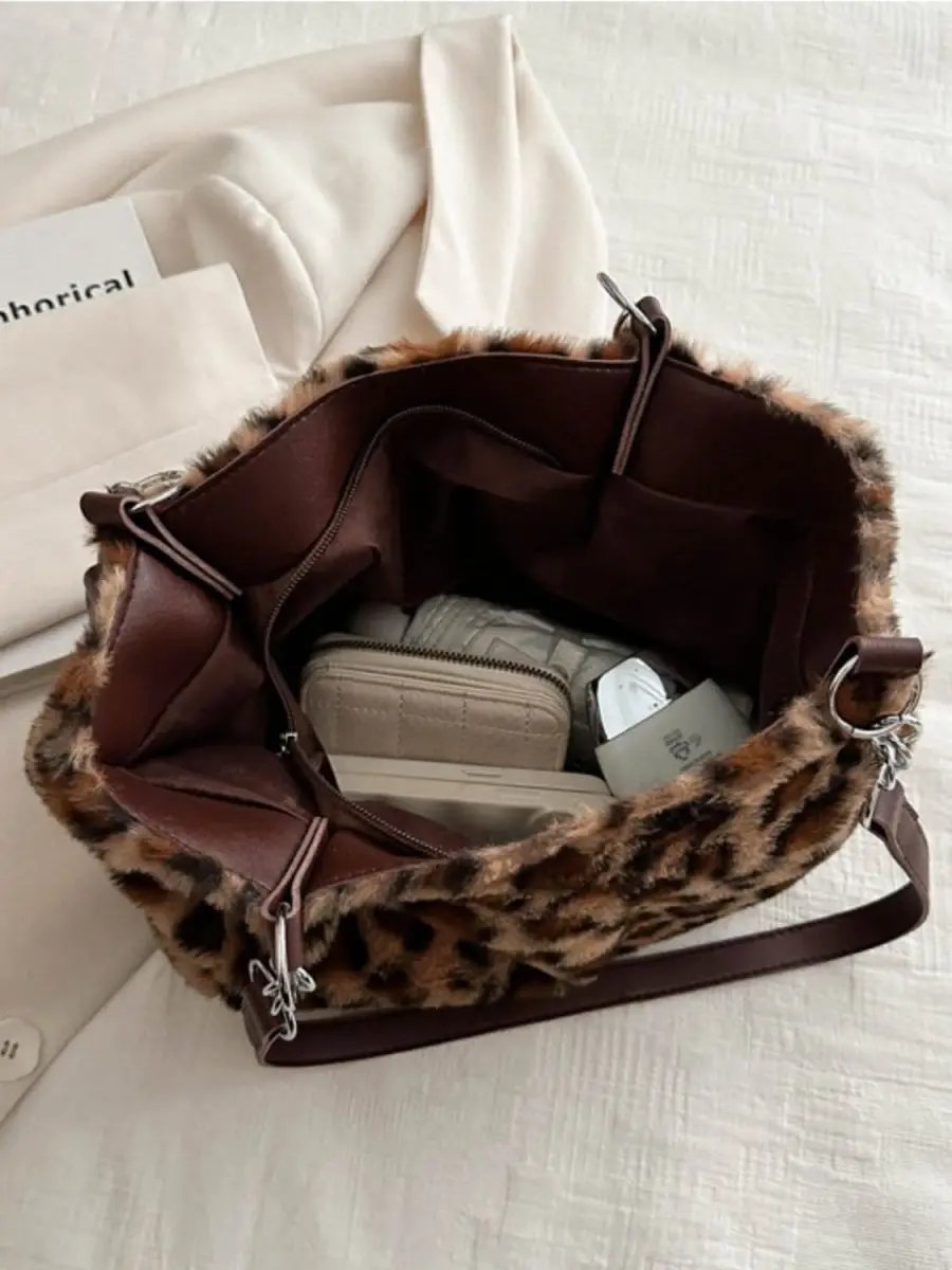 Accessories Trendsi Leopard Print Faux Fur Shoulder Bag Women's Trendy Purse Soft, Lightweight